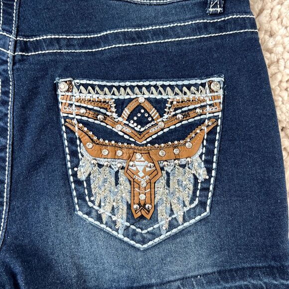 BLING Western BAMBOO Jean Shorts Rhinestones Bull Skull Embroidery  9/10 NEW NWT - Picture 9 of 14
